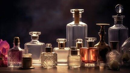 bottles and flacons with perfume essences and oils, vintage style, the concept of making spirit of perfume products, AI generation