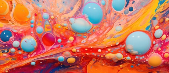 Iridescent Fusion: Colorful Liquid Bubbles and Red Splashes in a Futuristic Chromatic Waves Artwork - Exploring the Vibrant and Poured Chromatic Purity - AI-Generated