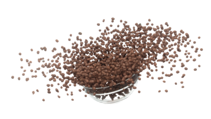 Clay Drainage tiny size ball pour fall down, explosion in air. Clay Drainage ball splash in shape form line floating. White background isolated high speed shutter freeze motion