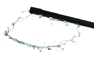 Wiper Blade Arm swipe heavy rain fall in drop wave on car vehicle. wiper blade arm work window on automobile with water rain spill droplet. White background isolated high speed shutter freeze motion