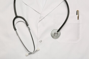 Stethoscope on white medical uniform, top view