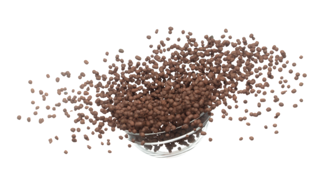 Clay Drainage tiny size ball pour fall down, explosion in air. Clay Drainage ball splash in shape form line floating. White background isolated high speed shutter freeze motion