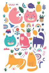 Popular Cats doodle drawing funny set vector illustrations