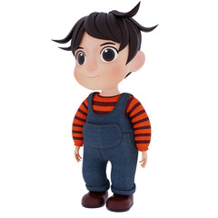 Cute boy standing 3d rendering illustration using overall jeans and striped cloth cartoon