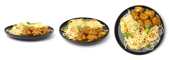 Delicious chicken curry with pasta on white background, different views. Collage design