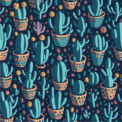 Cactus in cute pots seamless pattern. Simple cartoon plant vector illustration.
