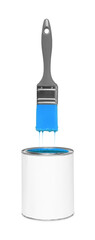 Brush with light blue paint in air over can on white background