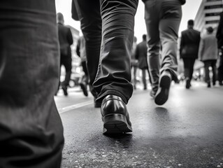 Busy city streets with close up shots of people's feet hurrying by In the style of urban hustle. Generative AI