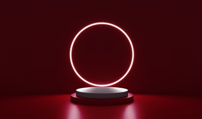 Red realistic 3d cylinder stand podium with glowing white neon in circle shape. Abstract 3D Rendering geometric forms. Minimal scene. Stage showcase, Mockup product display.
