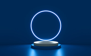 Blue realistic 3d cylinder stand podium with glowing white neon in circle shape. Abstract 3D Rendering rendering geometric forms. Minimal scene. Stage showcase, Mockup product display.