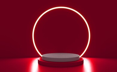 Red realistic 3d cylinder stand podium with glowing white neon in circle shape. Abstract 3D Rendering rendering geometric forms. Minimal scene. Stage showcase, Mockup product display.