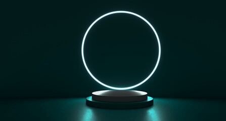 Green realistic 3d cylinder stand podium with glowing neon in circle shape. Abstract 3D Rendering geometric forms. Minimal scene. Stage showcase, Mockup product display.