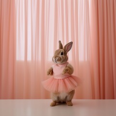A dress up rabbit in ballet colorful polka dot shirt and pink tutu skirt