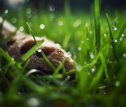 enthralling nature photography image of a dog's paw with dewdrops on the grass. Generative AI