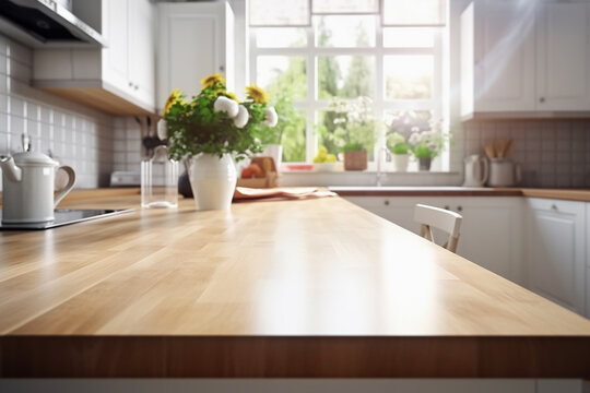 Cozy kitchen interior background with attractive brown tabletop in the foreground. Generative AI image.