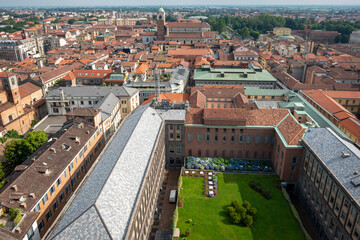 Fototapeta na wymiar Panoramic view of the city of Novara, seen from the top of the San Gaudenzio Church dome. The dome was built by Alessandro Antonelli, starting from 1844 and is one of the world highest brick made dome