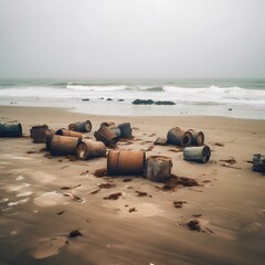 On a sandy beach, there are rusted metal barrels and plastic trash lying everywhere. Generative AI