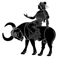 The Rape of Europa. Ancient Greek mythology. God Zeus as bull carrying a pretty girl. Black and white silhouette. © Olena