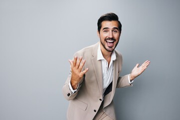 happy man arm beige posing businessman suit hand business winner victory