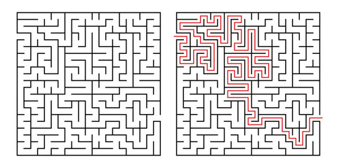 Abstract labyrinth for kids and adult on white background. Vector illustration with black square maze. Labyrinth with entry and exit 11.	