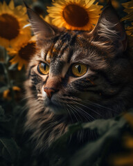 Beautiful Cat Among Sunflowers Generative AI
