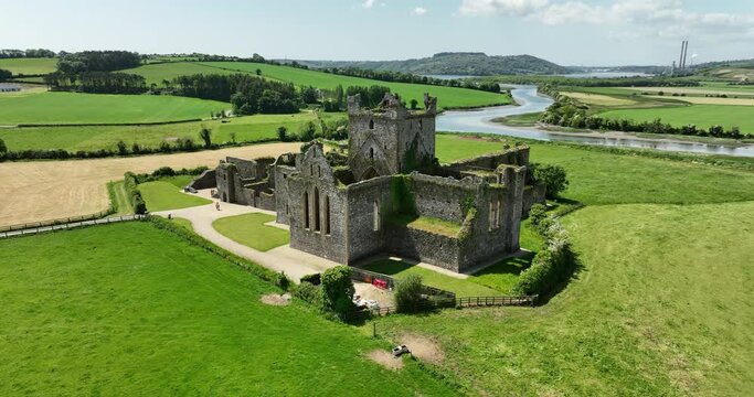 The ruined monastery 13-th century In County Wexford, Ireland 4k