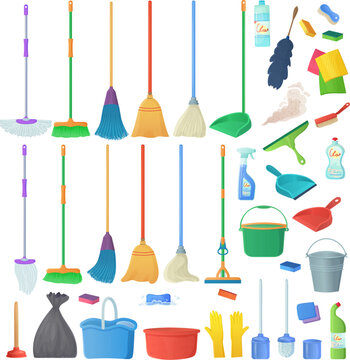 Cartoon household equipment set. A broom sweeps dust and dirt on scoop. mop or swab, feather duster, plastic bucket.Cleaning services, concept. Objects isolated white background. Stock vector.