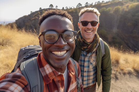 Active Middle Aged Interracial Gay Couple Hiking Outdoors. Soft Focus, Sunshine Blur. Generative AI