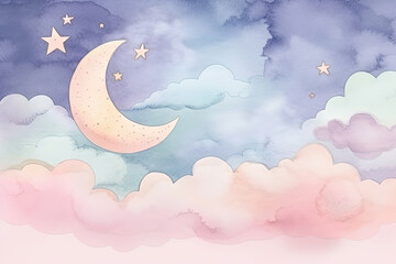 Watercolor style clouds with moon, pastel colors. Nursery baby born design. Generative AI