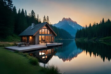 Fototapeta premium a charming cabin in the woods, surrounded by tall trees, offers a peaceful and secluded getaway from the bustling world