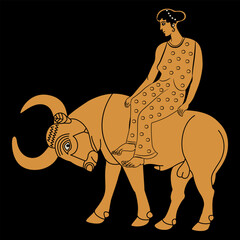 The Rape of Europa. Ancient Greek mythology. Pretty girl riding a bull. God Zeus. Vase painting style.  © Olena