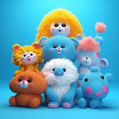 Cute fluffy toys on blue background with space for your text. Blue plush toys on blue background, 3d render. .Children's toys concept. Original Children's funny toys, 3d illustration. AI generated