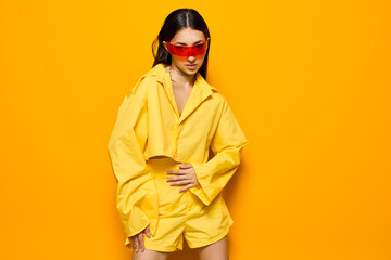 attractive woman sunglasses trendy fashion young yellow girl lady lifestyle beautiful