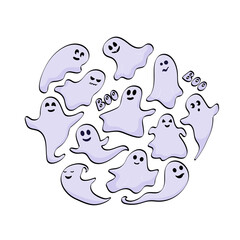 Cute funny happy ghosts in the shape of a circle. Magic cartoon childish vector phantoms with different emotions. Vector festive set. Halloween poster.