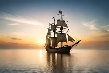 Fototapeta premium An old pirate ship floating in the open sea with sails of black cloth and a flag with three skulls