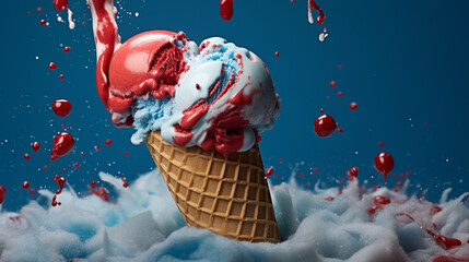 4th of July Themed Ice Cream Treat/Dessert in Patriotic American Red, White, and Blue - Cone - Close Up - USA Flag Inspired Colors - Memorial Day, Veterans Day, Flag Day - Generative AI