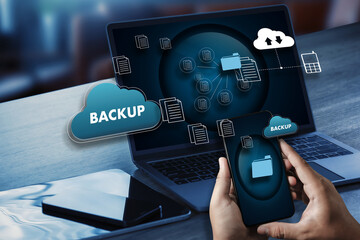Storage backup download computing digital data transferring document database cloud on laptop...