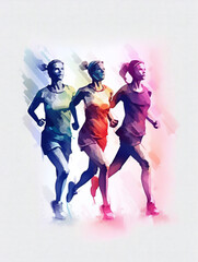 Watercolor style women running together on white background. Created with Generative AI technology