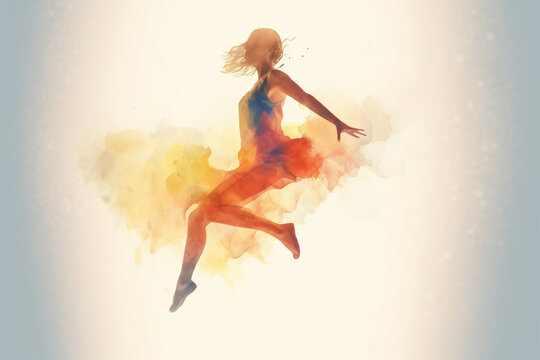 Watercolor silhouette of woman dancing on white background. Created with Generative AI technology
