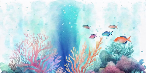 Watercolor style illustration of underwater scene with corals and fish. Created with Generative AI technology
