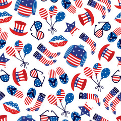 America Independence Day seamless vector pattern. Symbol of the national summer event - USA flag sweater, balloons, top hat, sunglasses, kiss. Patriotic holiday July 4th. Flat cartoon background