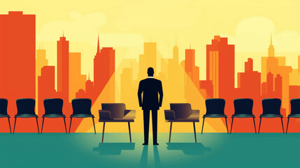 Businessman business concept illustration standing in the center, candidate, promotion, career position concept.