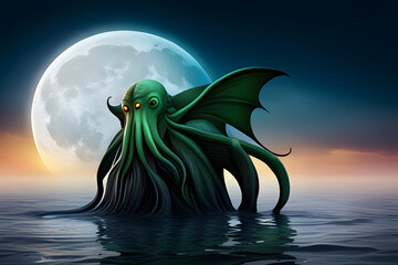 cosmic creature in sea at moon night  created using AI Generative Technology