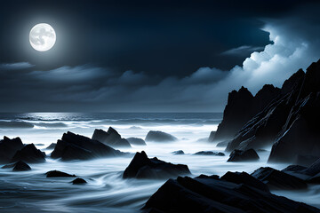 oceanic landscape with beautiful moon at night  created using AI Generative Technology