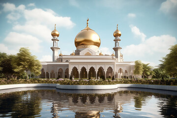 Fototapeta na wymiar Big Mosque with Golden Dome Muslim Religion with Pond and Nature Background on Bright Day