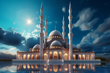 Beautiful Big Mosque Worship Place Islamic Muslim Religion in Blue Sky with Sun and Clouds