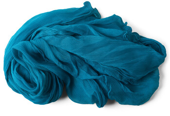 blue women's shawl or scarf isolated background, pattern of fabric soft and cozy, close-up taken straight from above