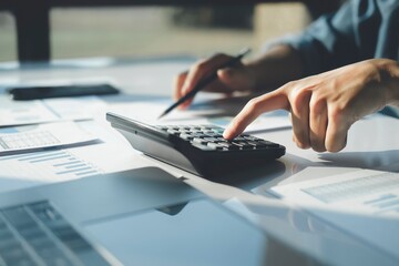 Accountant using calculator for calculate finance report in office.