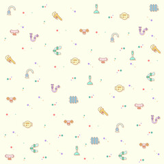 Vector illustration of a cute plumbing. Collection of traps, drains, taps, hand tools, vise, pipe, connector, valve and other elements. Isolated on beige.