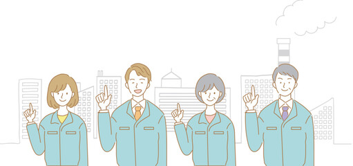 人差し指を立てる作業着の男女のイラスト